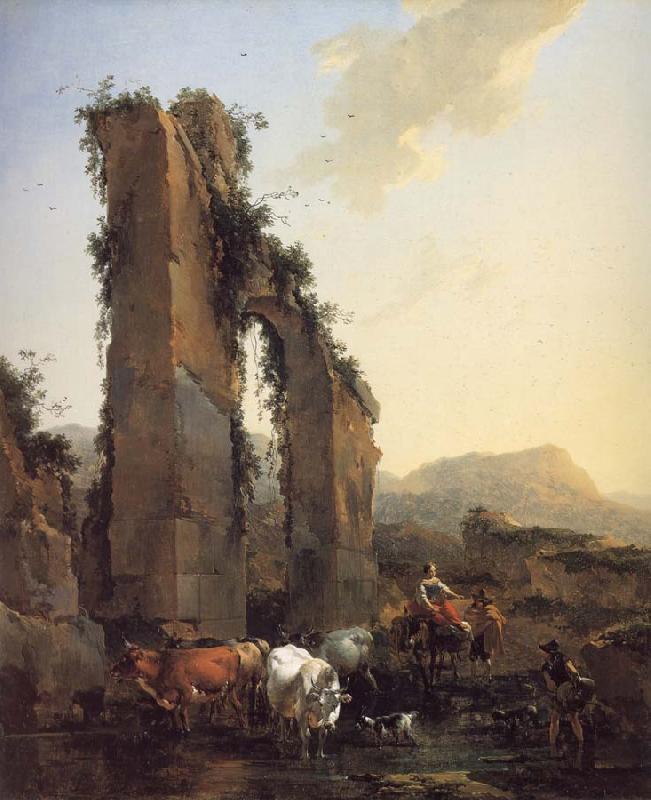 BERCHEM, Nicolaes Peasants with Four Oxen and a Goat at a Ford by a Ruined Aqueduct oil painting picture